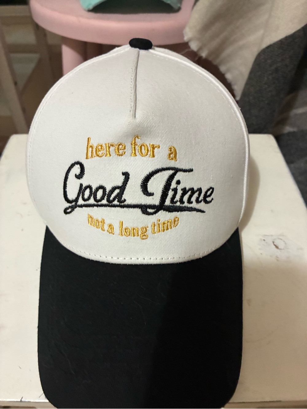 White and Black 'Good Time' Embroidered Cap - Here for a Good Time